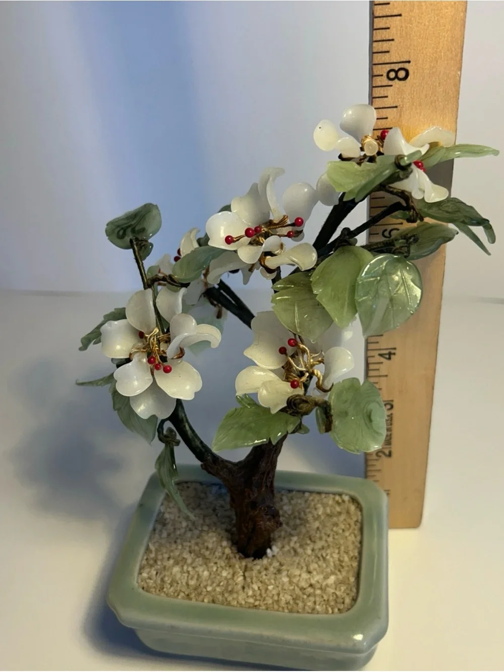 White Jade Blossom Bonsai in Pale Green Planter - Brand Unknown